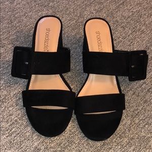 Black suede buckled heeled slide